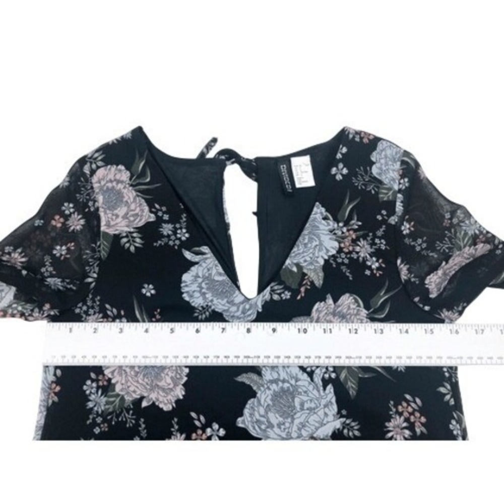 H&M Divided Black Floral 3/4 Sleeve Sheer Shift Dress Ruffle Edge Size 2 - Picture 4 of 7